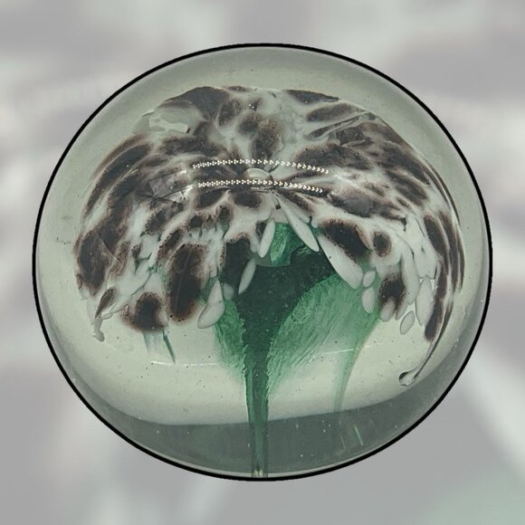 Hand Blown Glass Paperweight by The Glass Eye 1985 Etched Signed Floral Interior - Picture 5 of 16